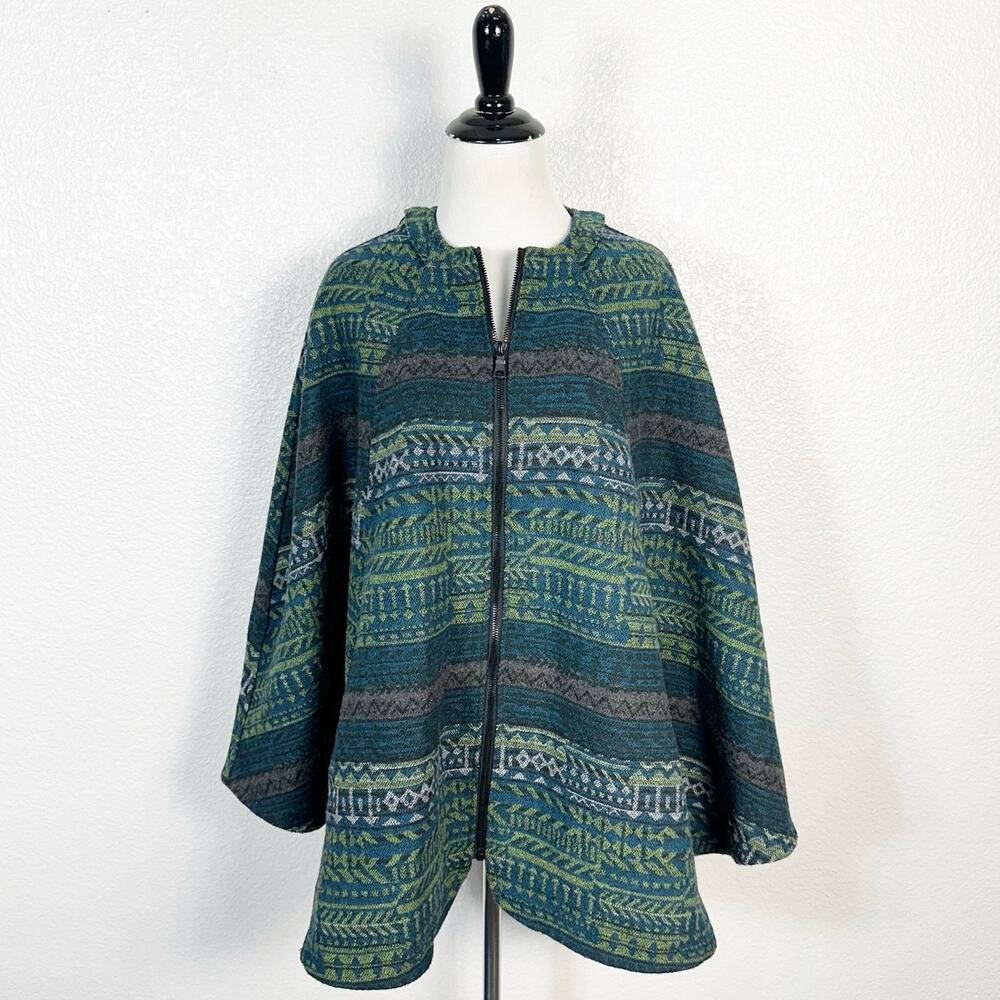 Wildflowers‎ Womens Aztec Southwestern Boho Poncho Cape Jacket Green One Size